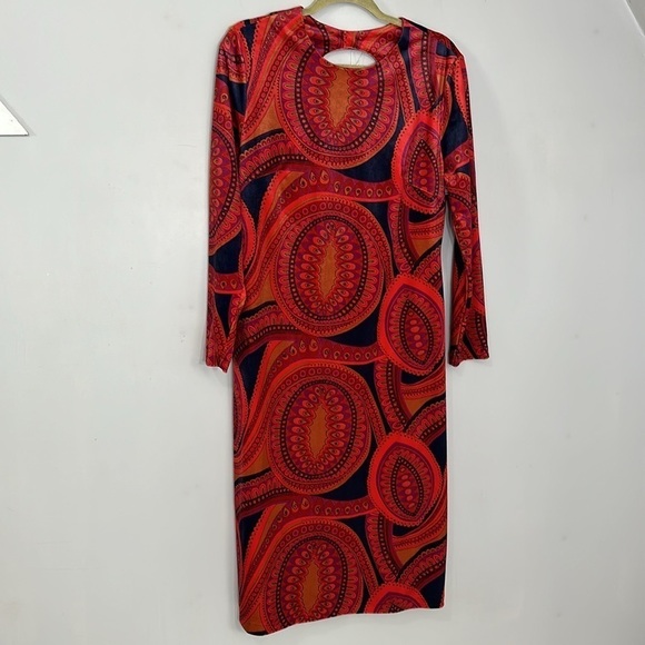 Tyler Boe orange velvet paisley print Dana midi dress bodycon long sleeve boho - Picture 9 of 13